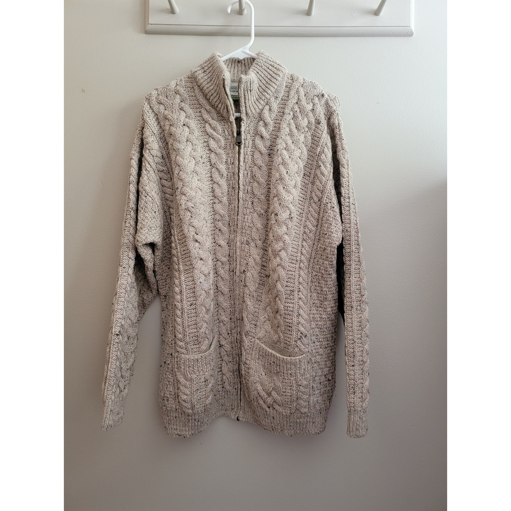 Shannon Woolen Mills Ireland Pure New Wool Full Zip Cable Knit Cardigan L Beige